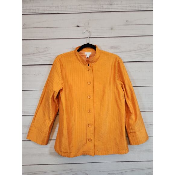 Chico's Jackets & Blazers - Chico's‎ Womens Orange Solid Pintuck Pleated Button Front 3/4 Sleeve Jacket Sz L